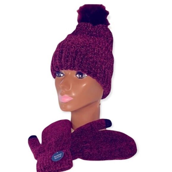 Sag Harbor Women’s Burgundy Chenille Beanie & Texting Mitten Set - Picture 1 of 4